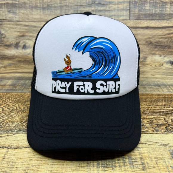 Pray For Surf Mens Trucker Hat Black Snapback 1950s Throwback Logo Baseball Cap - Picture 2 of 8
